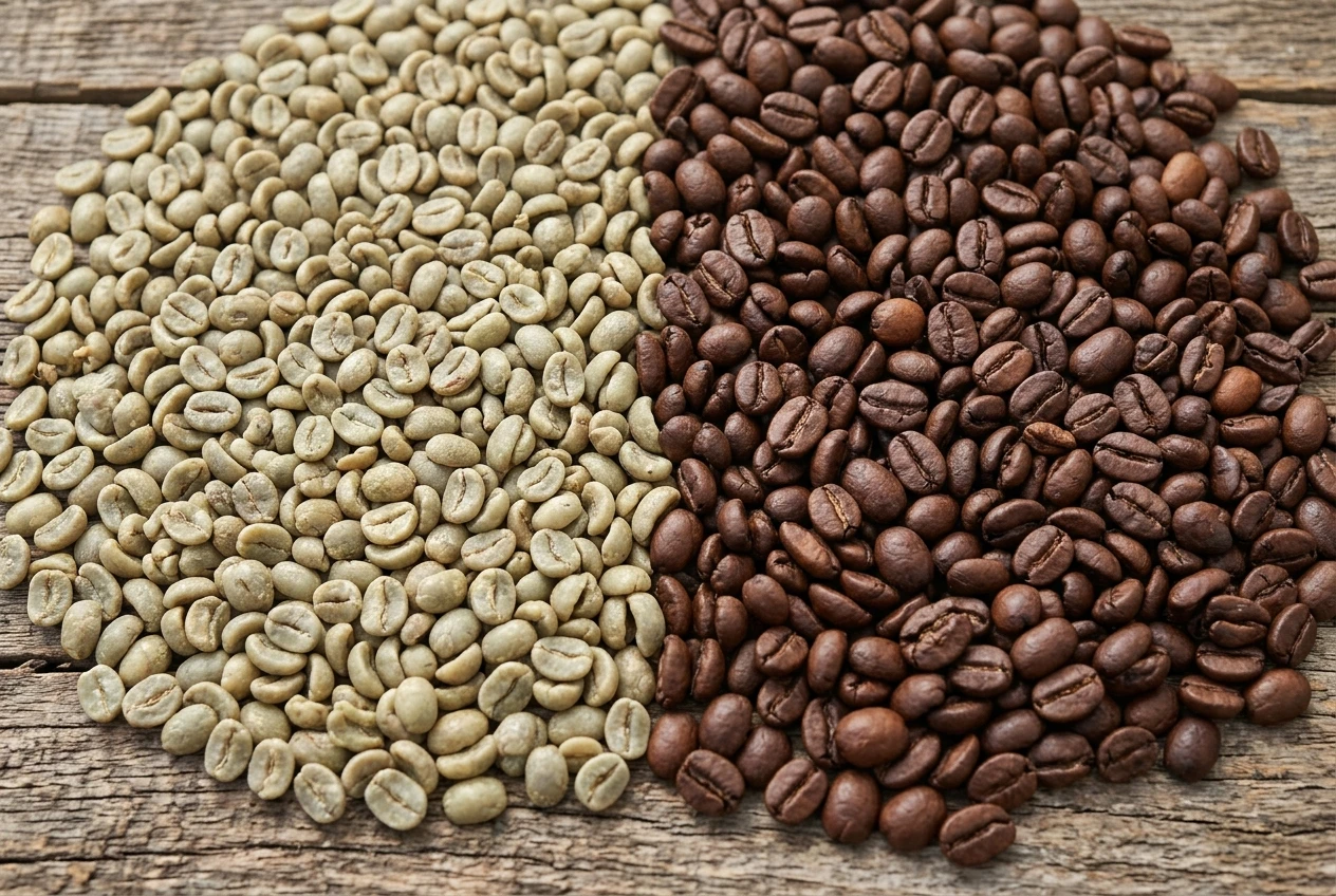 Side-by-side comparison of pale green raw coffee beans and rich brown roasted beans spread on a wooden table, showing the dramatic color and texture transformation.