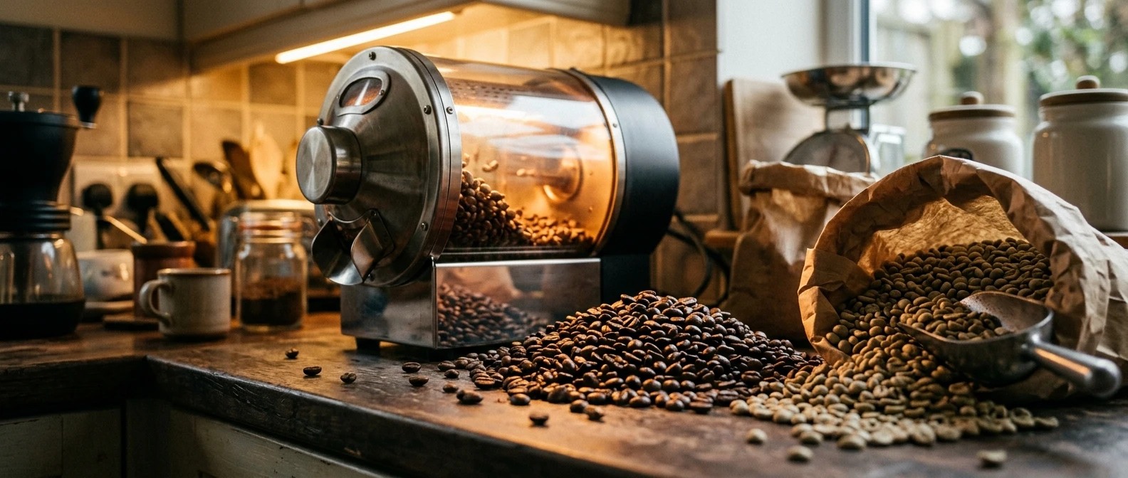 Close-up of a small home coffee roaster on a kitchen counter, glowing warm light spilling over a pile of shiny dark-brown roasted beans next to a bag of pale green unroasted beans.