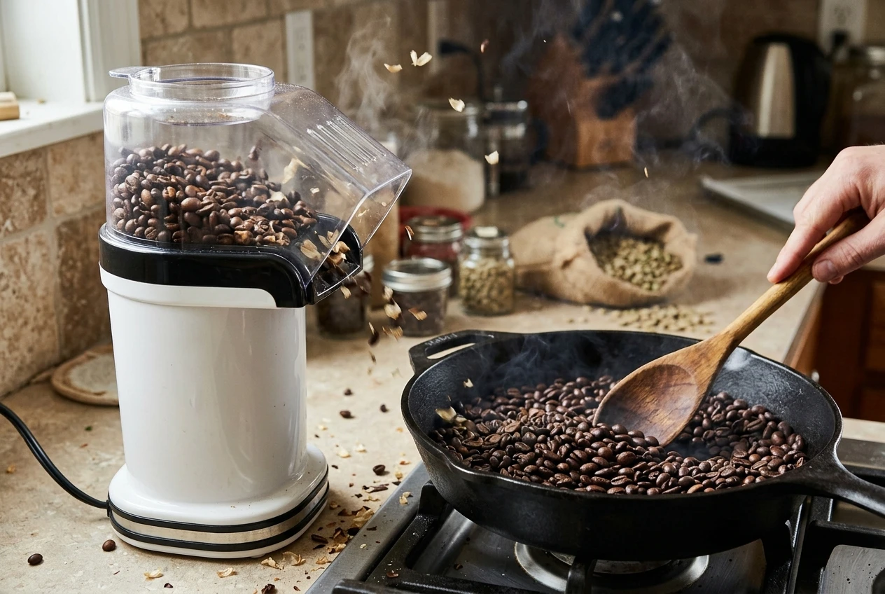 A hot air popcorn popper with coffee beans tumbling inside on a kitchen counter, steam and light chaff visible, next to a cast iron skillet with beans being stirred with a wooden spoon.