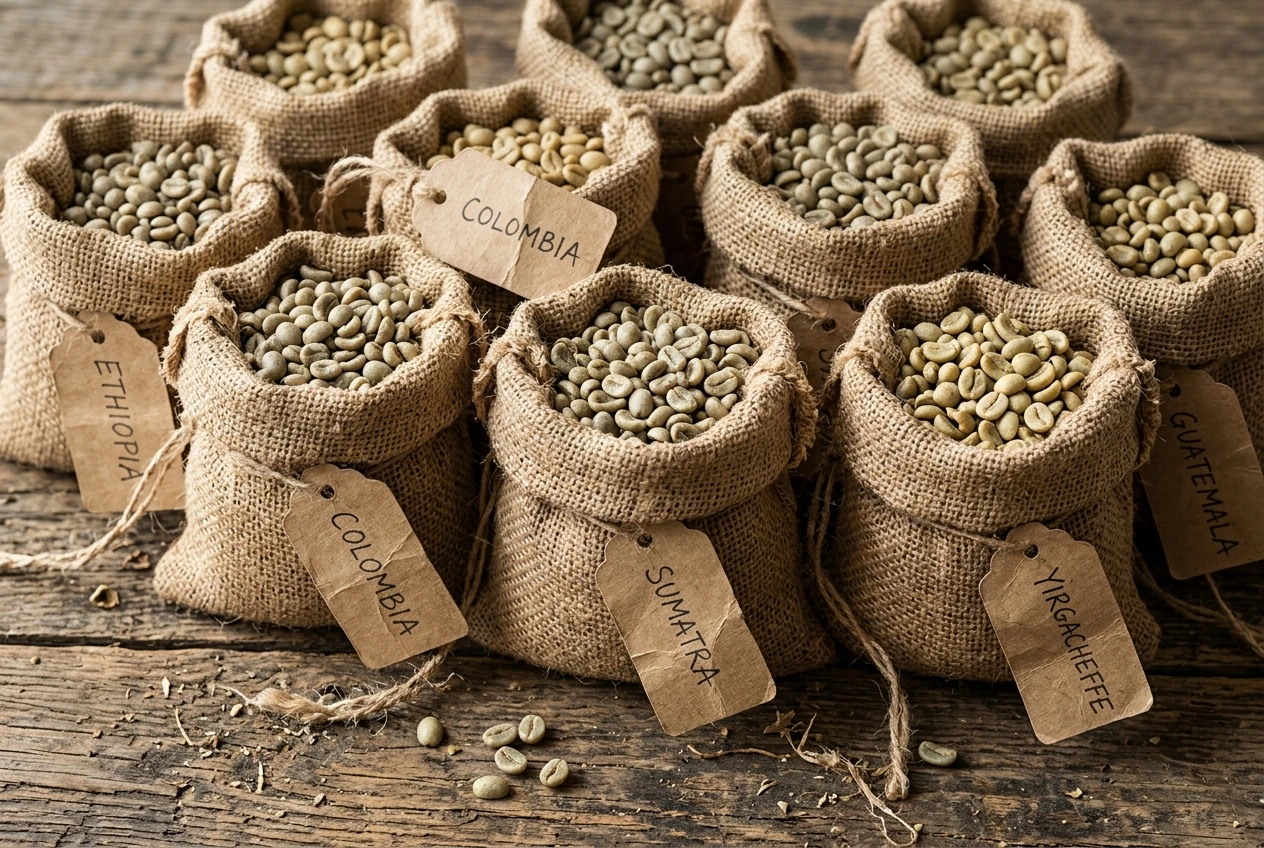 An assortment of small burlap sample bags filled with different pale green coffee beans, labeled with handwritten origin tags, arranged on a wooden counter.