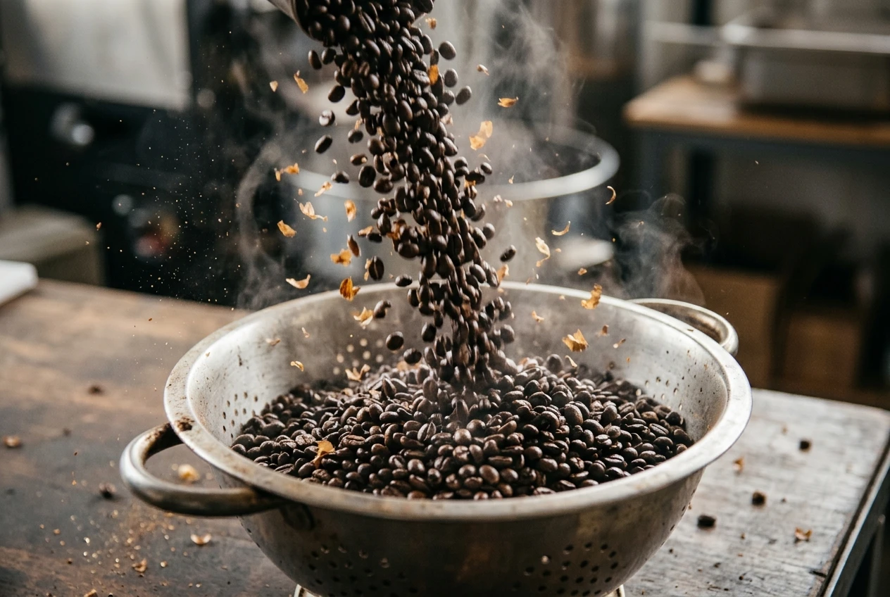 Freshly roasted dark brown coffee beans being poured into a metal colander, with papery chaff scattering in the air and steam rising as they cool.