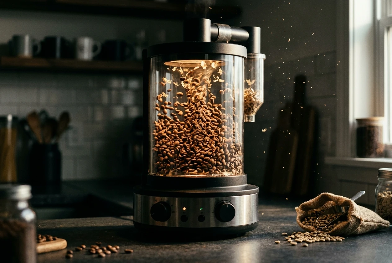 A countertop fluid bed coffee roaster with coffee beans visibly suspended and tumbling in a swirling column of hot air inside its clear chamber, light papery chaff drifting upward and away, set on a clean kitchen counter.