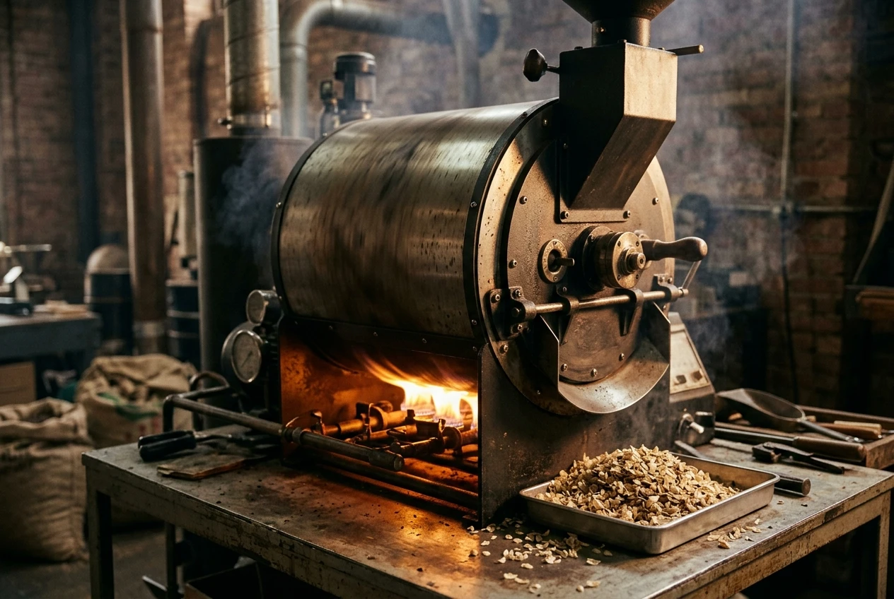 A metal drum coffee roaster with its cylinder mid-rotation, warm amber light glowing from the heating element beneath, a faint haze of smoke curling up around the machine and a small pile of chaff collected in a tray beside it.