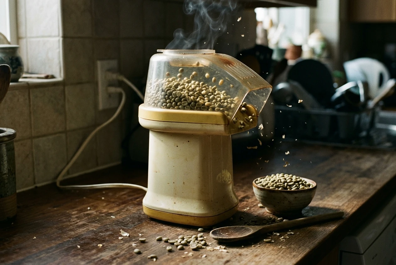 An old hot-air popcorn popper on a kitchen counter with green coffee beans tumbling inside its clear dome, light smoke wisping from the vents, a wooden spoon and a bowl of raw beans sitting nearby.