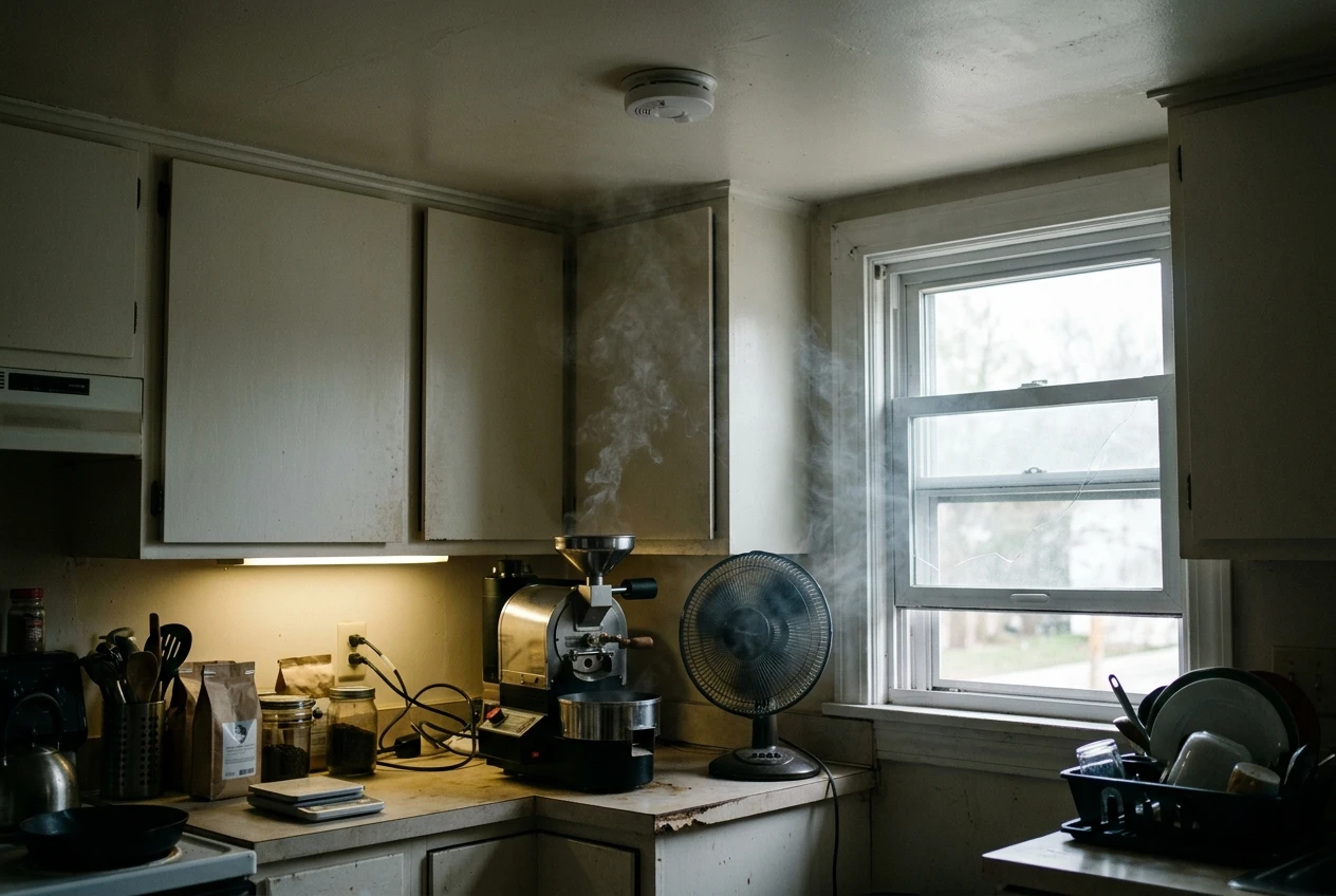 A kitchen with a window cracked open and a small fan running beside a smoking coffee roaster, a visible smoke detector mounted on the ceiling directly above, thin grey smoke drifting toward the window.
