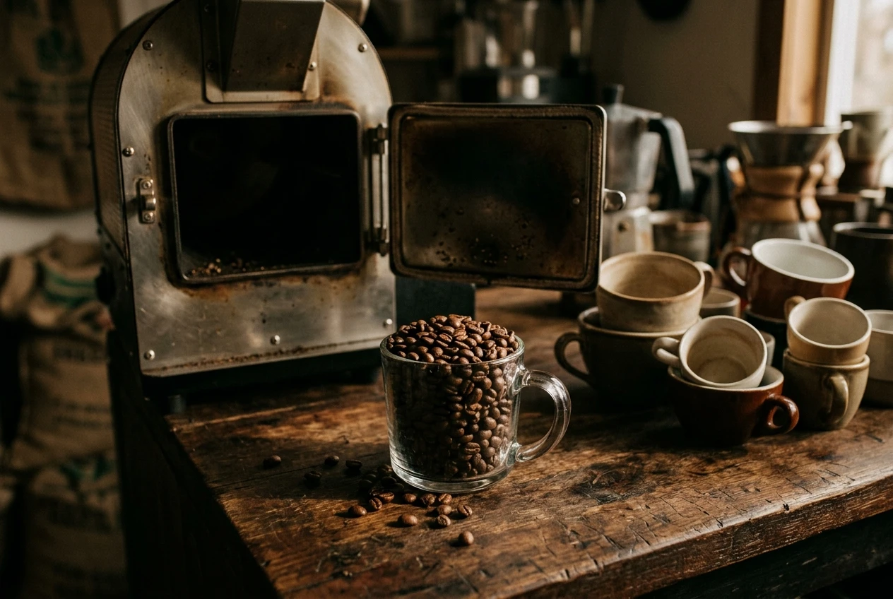 A small glass measuring scoop holding roughly 150 grams of freshly roasted coffee beans next to an empty roasting chamber, with a modest pile of brewed coffee cups beside it suggesting a few days' worth of supply.