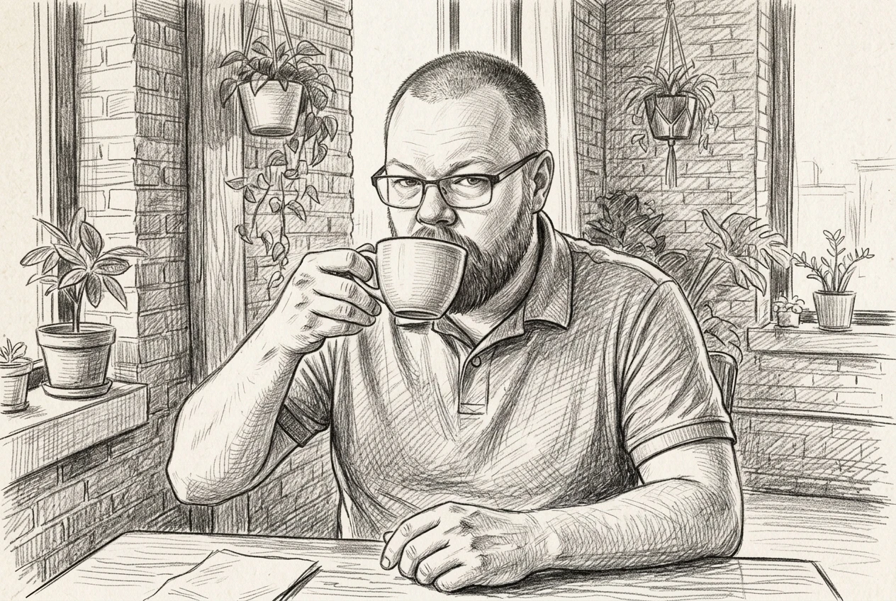 An illustrated portrait in a warm, simple style — clearly a drawing, not a photograph of me drinking a cup of coffee in a polo shirt