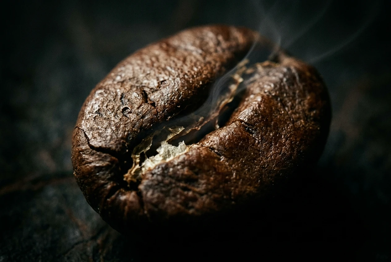 An extreme macro shot of a single coffee bean split open along its center seam, a faint wisp of steam escaping from the crack, set against a dark background that highlights the pale fractured edges of the bean.