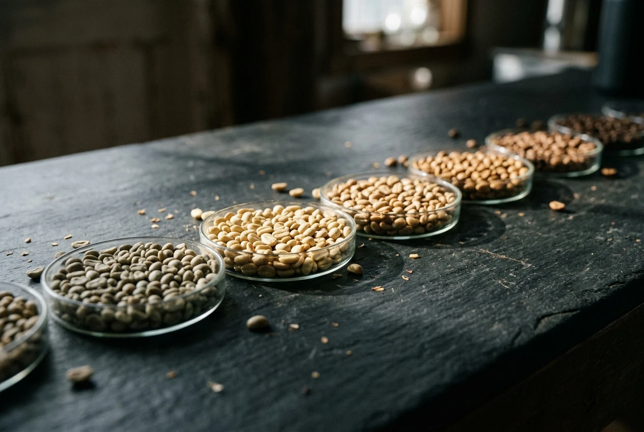 A row of small glass dishes holding coffee beans at progressive roast stages, from green through pale yellow, tan, and light cinnamon brown, arranged left to right on a dark countertop under soft window light.