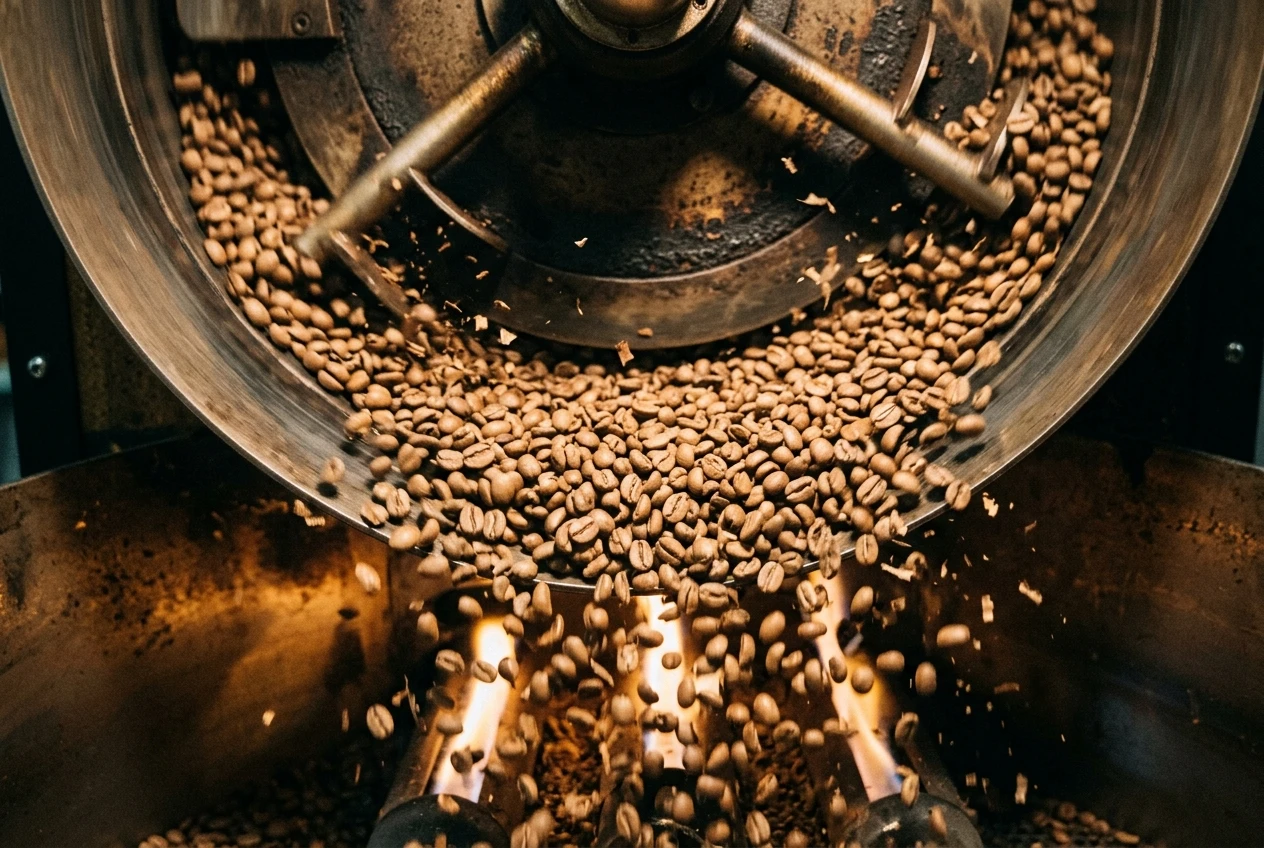 Overhead view into a spinning drum roaster showing dozens of light brown beans mid-tumble, several caught with small jagged cracks across their surfaces, suggesting the scattered, overlapping pattern of a rolling crack.