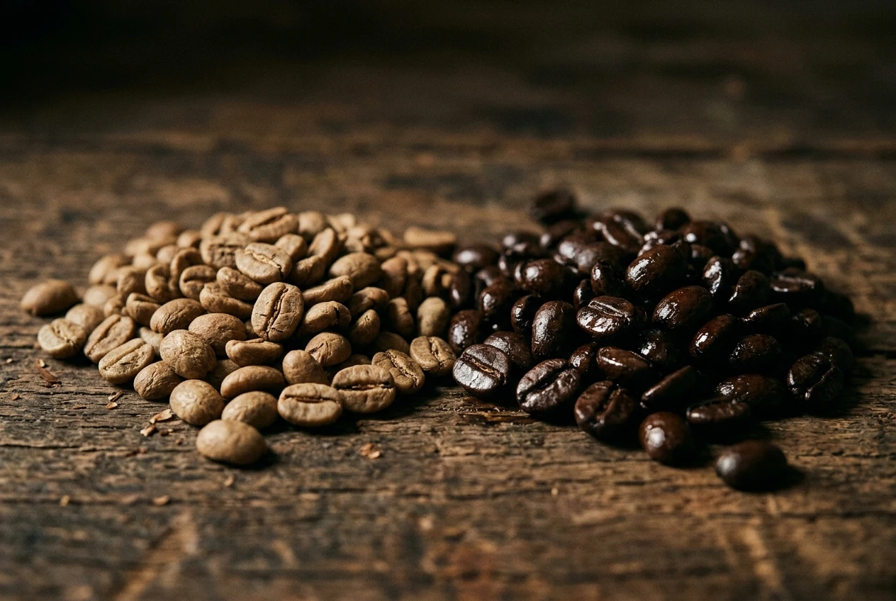 A close comparison of two small piles of roasted coffee beans side by side, the left pile matte light brown and dry-looking, the right pile dark brown with a visible glistening sheen of oil on the surface.