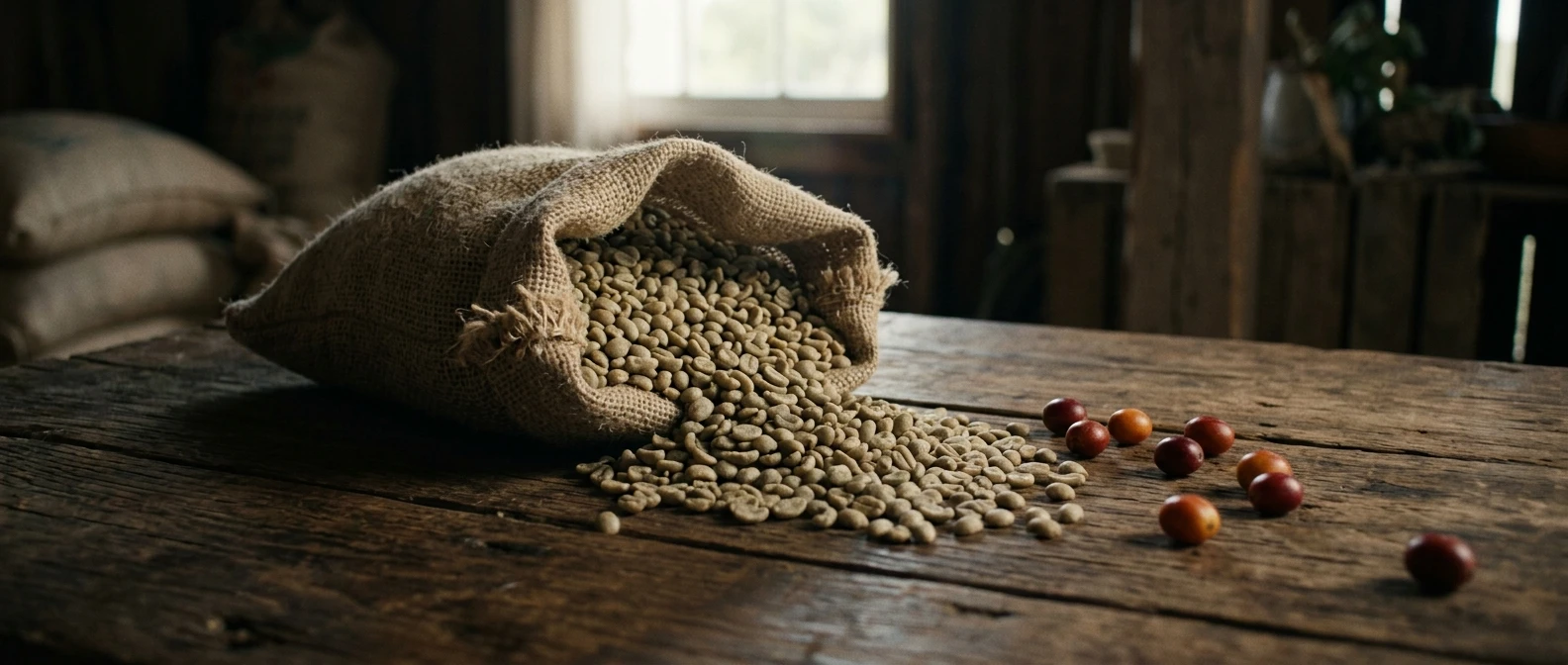 A small pile of raw green coffee beans spilling from a burlap sack onto a wooden table, pale greenish-tan and dense, lit by soft natural window light, with a few whole coffee cherries resting nearby for contrast.