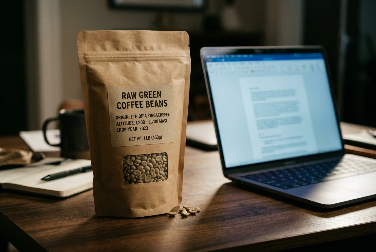A one-pound resealable kraft bag of green coffee beans sitting on a desk next to an open laptop, the bag's label clearly showing origin, altitude, and crop year details, soft indoor lighting.
