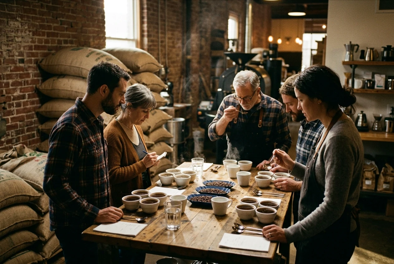 A small group of people gathered around a table scattered with white cupping bowls and spoons, sampling coffee together in a warm, casual roastery space with large burlap sacks stacked against the wall behind them.