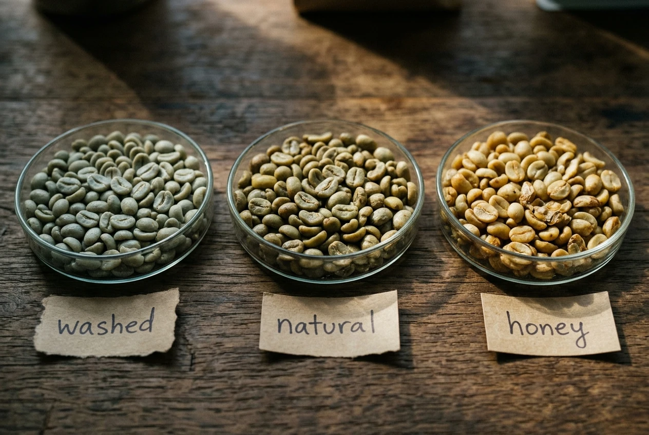 Three small glass dishes side by side holding green coffee beans of visibly different color and texture, labeled in handwriting as washed, natural, and honey, under bright even light showing the subtle differences between them.