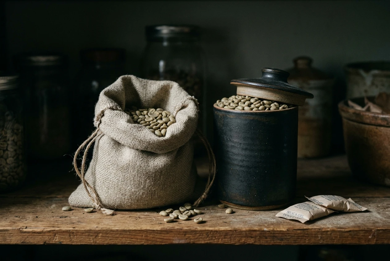 A breathable cloth sack and a dark ceramic canister of green coffee beans sitting together on a shelf in a cool, dim pantry, away from sunlight, with a few silica gel packets visible nearby.