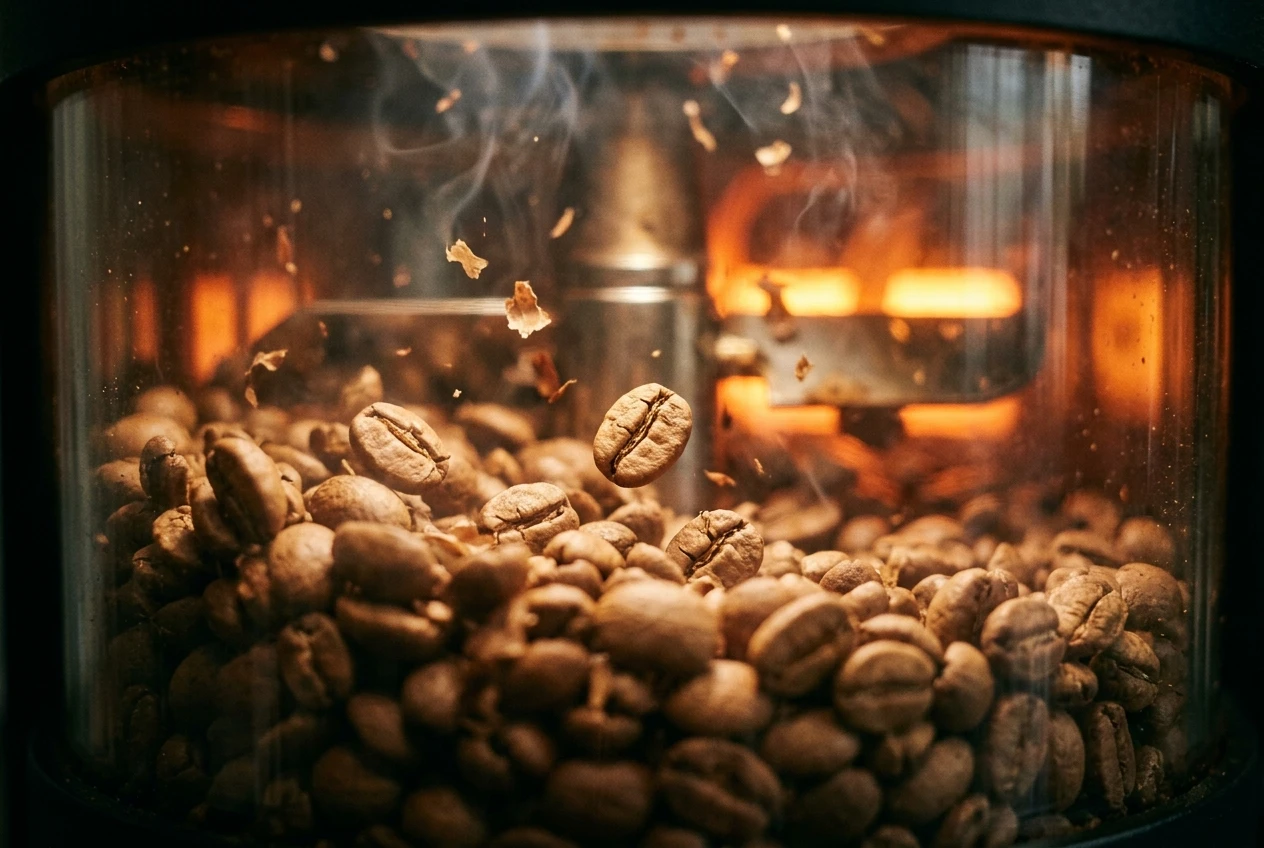A close view into a roaster's clear chamber showing light brown coffee beans mid-crack, a few beans visibly splitting with faint wisps of chaff and steam curling upward in the warm glow of th