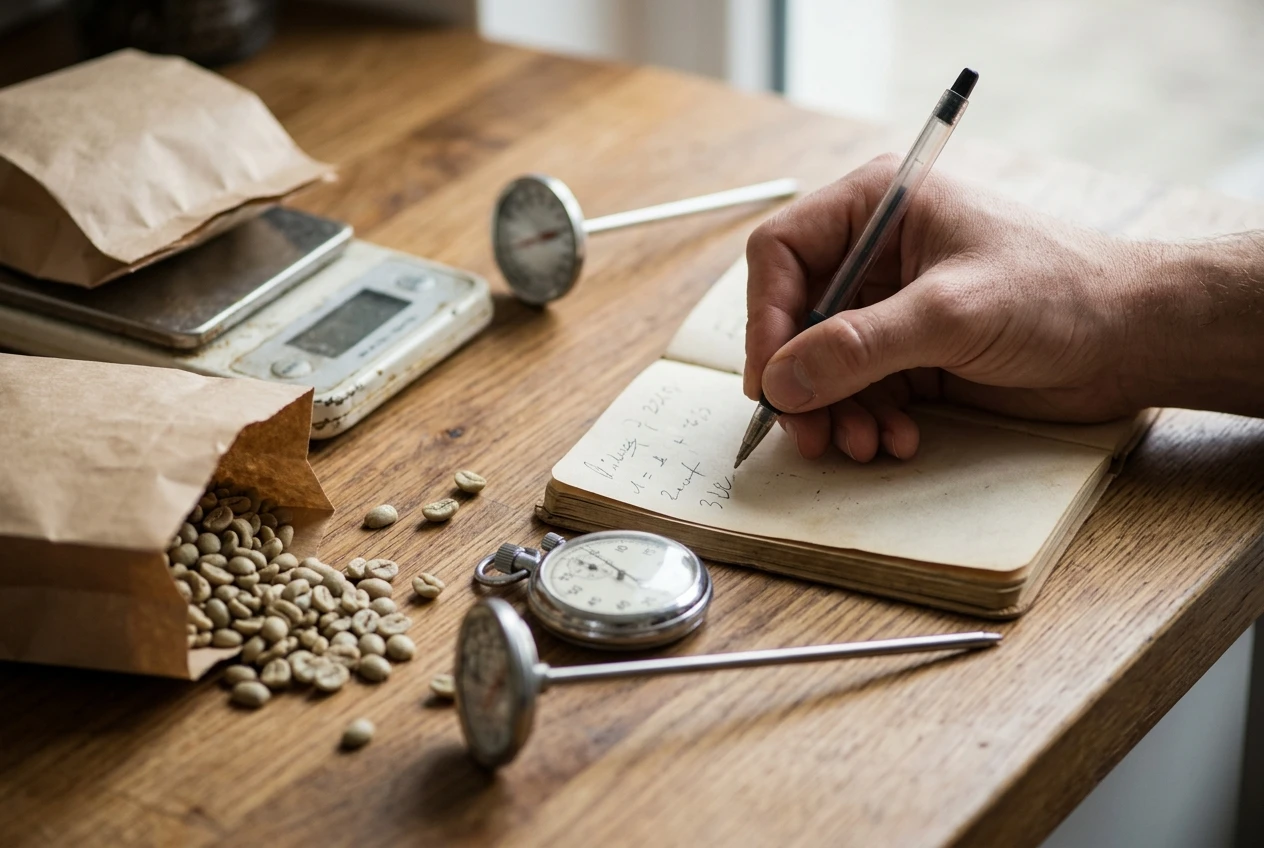 A close-up of a hand writing in a small notebook beside a kitchen scale and a bag of green coffee beans, with a stopwatch and a thermometer resting nearby on a wooden counter.
