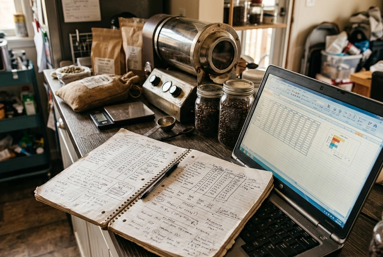 A worn spiral notebook with handwritten roast entries lying open next to a laptop showing a simple spreadsheet grid, both placed on a counter near a home roaster.