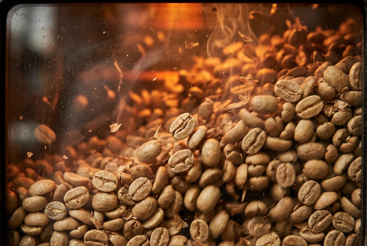 A close-up through a roaster's glass window showing light-brown coffee beans tumbling and just beginning to split open, with a faint wisp of smoke and a warm orange glow from the heating element behind them.