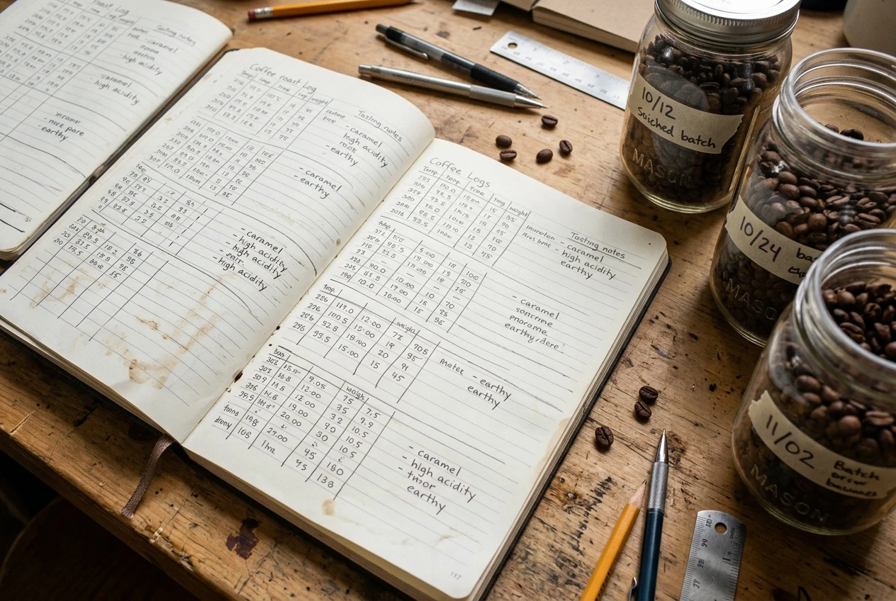 Several filled notebook pages of roast logs laid side by side on a table, handwritten numbers and tasting notes visible, with a few jars of roasted beans labeled by date arranged next to them.